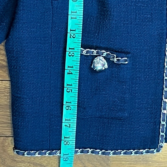 Karl Lagerfeld Paris Navy Tweed Chain Trim Jacket Womens L Great Preowned Condit - Picture 6 of 8